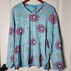 FRESH PRODUCE Sweater Size 1x Blue Floral V Neck Long Sleeve Jersey Sweatshirt
